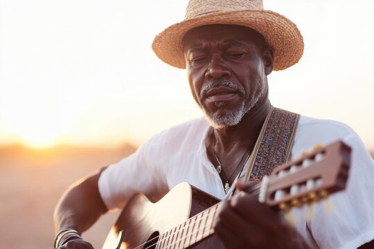 Senior african american man playing acoustic guitar at sunset on the beach - Powered by Adobe