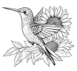 Obraz premium Line art hummingbird with sunflower tattoo design, white background