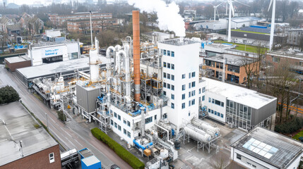 Industrial Plant with Emissions and City Skyline