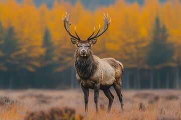 Majestic Red Deer Stag with Antlers in Autumn Forest