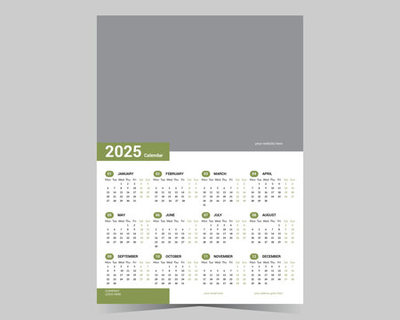 Wall calendar 2025 template, modern 12 month one page calendar design, corporate business calendar.
