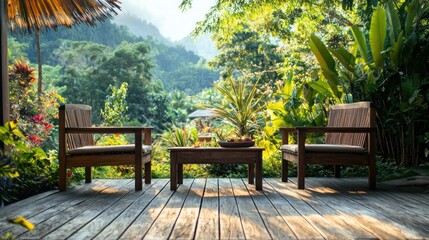 Obraz premium A wooden patio set in a beautiful garden, perfect for enjoying an outdoor meal in a serene natural setting.