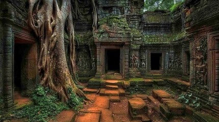 Naklejka premium Ancient Temple Ruins With Tree Roots and Stone Carvings