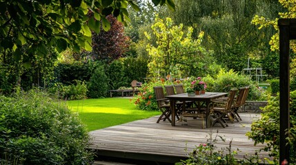 Naklejka premium A wooden patio set in a beautiful garden, perfect for enjoying an outdoor meal in a serene natural setting.