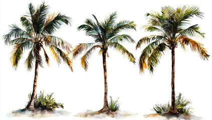 Watercolor palm trees clip art set on a white background, in neutral colors