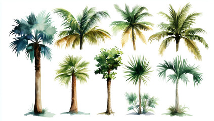 Watercolor palm trees clip art set on a white background, in neutral colors
