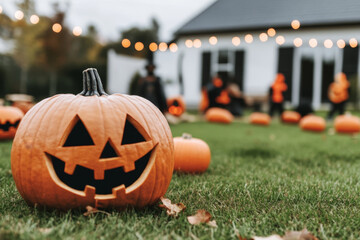 A Halloween  festive decorations, jack-o'-lanterns, and a lively crowd.
