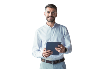 portrait young businessman standing and working on digital tablet on a transparent background