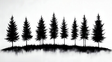 Obraz premium Black and white ink drawing of tall pine trees on the horizon, white background