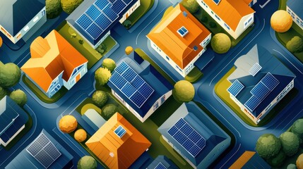 Aerial View of Suburban Neighborhood with Solar Panels