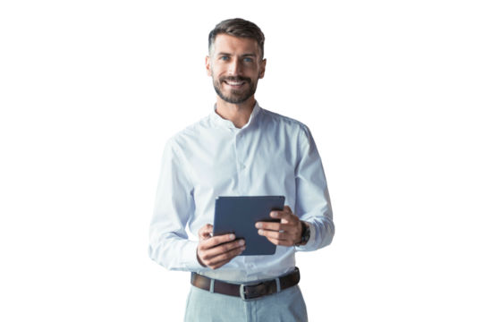 portrait young businessman standing and working on digital tablet on a transparent background - Powered by Adobe