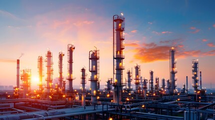 Obraz premium Intricate oil refinery with towering distillation columns smokestacks and pipelines set against the backdrop of an urban industrial landscape