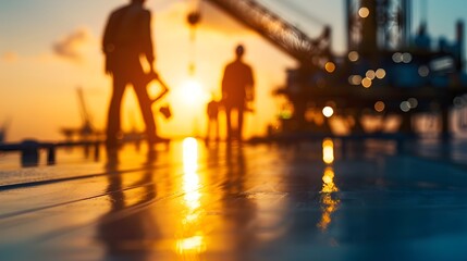 Oil workers inspecting and assessing a remote drilling site surrounded by heavy industrial equipment and machinery used in the and extraction of fossil fuel resources