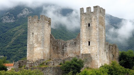 Fototapeta premium Ancient Stone Castle Ruins in Misty Mountain Landscape