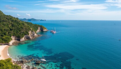 Aerial View of Sailboats Anchored in a Clear Blue Ocean Bay