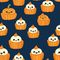 Naklejka premium seamless pattern of pumpkin-flavored treats with cute faces