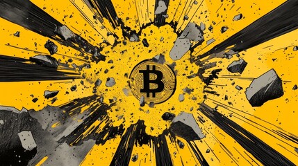 A Bitcoin coin explodes in a burst of energy and debris.