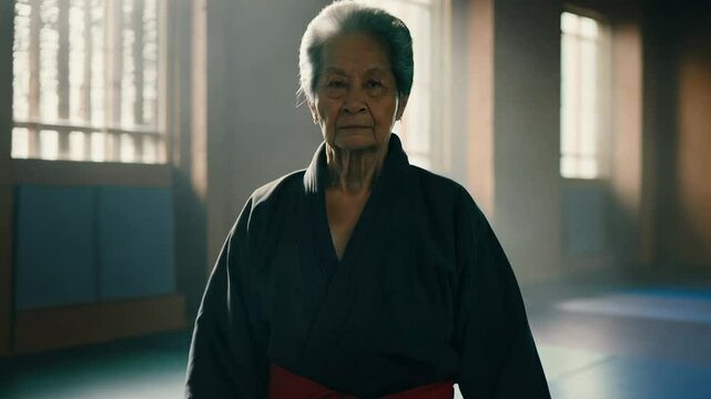 Elderly asian female martial arts master walks confidently in a traditional dojo. camera slowly zooms in, rim light highlights her silhouette.
