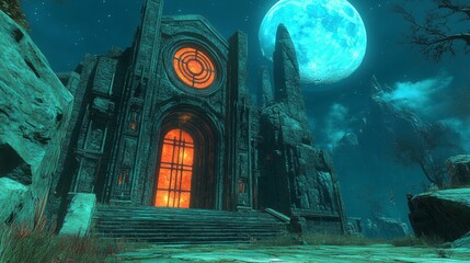 Ancient Stone Building Entrance with Full Moon and Night Sky