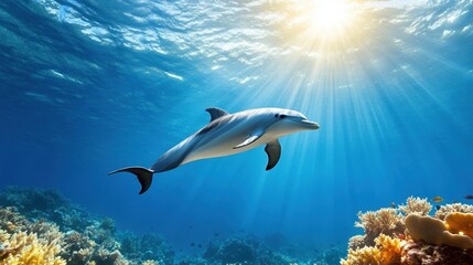 Obraz premium Dolphin swimming gracefully through clear blue ocean water.