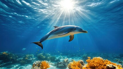 Dolphin swimming in clear blue water with colorful coral reef.
