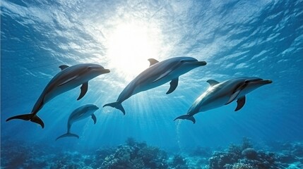 Naklejka premium Dolphins swimming gracefully in clear blue ocean waters.