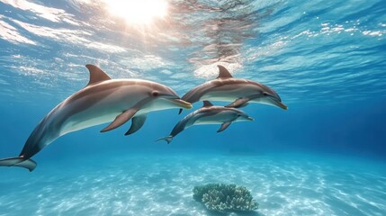 Obraz premium Dolphins swimming gracefully in clear blue water, illuminated by sunlight.