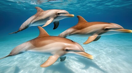 Obraz premium Dolphins swimming gracefully in clear blue water, capturing ocean beauty.