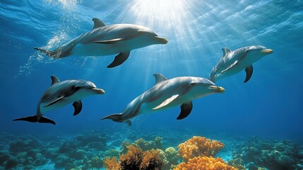 Fototapeta premium Dolphins swimming gracefully in clear blue water with coral reef.