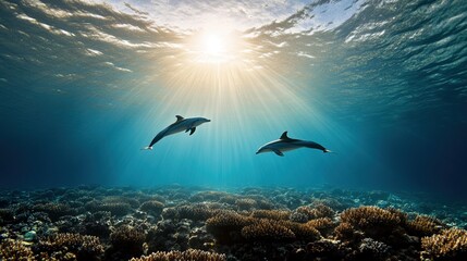 Fototapeta premium Dolphins swimming gracefully in clear ocean water, sunlight illuminating the scene.