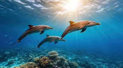 Dolphins swimming gracefully in clear ocean waters under sunlight.