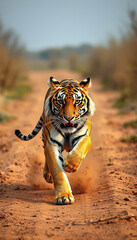 Fototapeta premium A tiger is walking on a dirt road