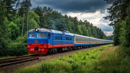 Fototapeta premium A blue and red passenger train travels through a forest on a cloudy day.