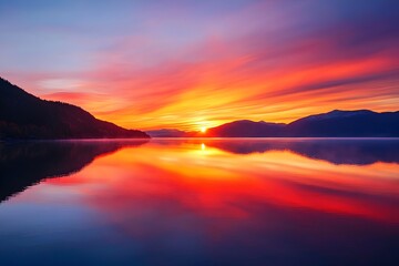 Serene Lake Sunset Landscape with Vibrant Reflections and Cinematic Atmosphere