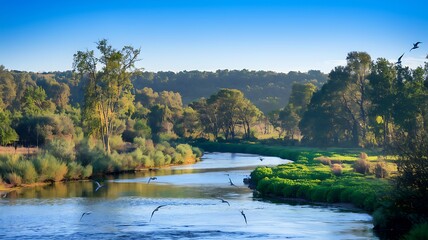 Obraz premium A stunning scenic river winding through lush vegetation under a clear blue sky creating a serene natural landscape