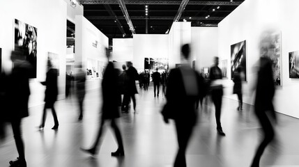 A blurred image of people walking through an art gallery, with black and white photographs hanging on the walls.