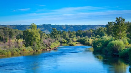 Fototapeta premium A serene scenic river flowing gently through lush green vegetation under a bright blue sky in nature's embrace