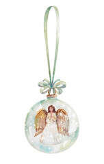 Watercolor azure glass ball Christmas tree hanging decoration with praying angel inside