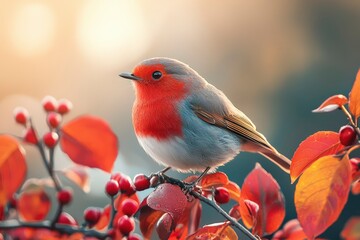 A Robin Perched on a Branch with Red Berries and Autumn Leaves