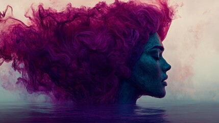 Fototapeta premium Abstract Woman Portrait with Purple and Blue Swirls in Water