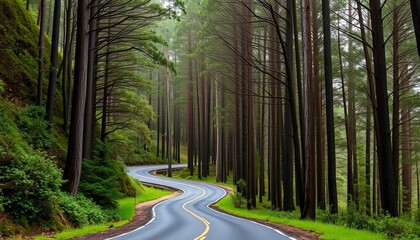 Obraz premium Winding Road Through a Lush Green Forest