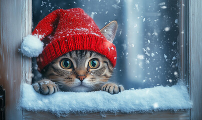 Pet cat wearing santa claus hat, sitting by a window with snowing background