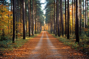 Fototapeta premium Serene Autumn Forest Trail with Crimson Foliage and Dappled Shadows