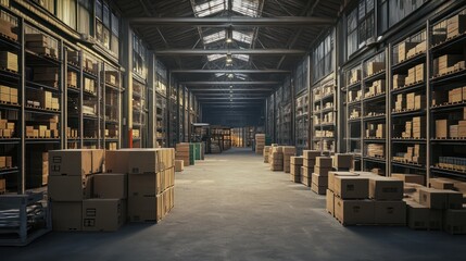 Large industrial warehouse with high racks. In the foreground are a lot of cardboard boxes.