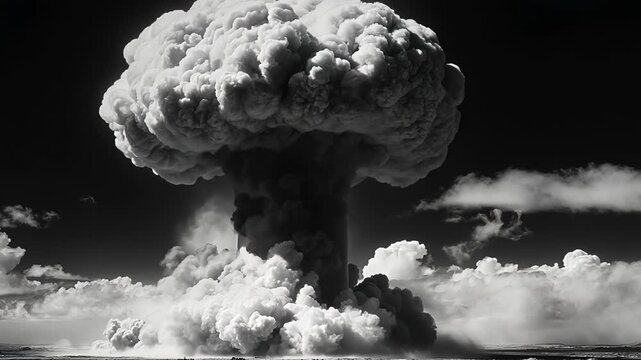 Mushroom cloud from atomic bomb test, a dark silhouette against a cloudy sky, black and white nuclear explosion, generative ai