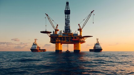 Fototapeta premium Industrial oil drilling rig with towering cranes and heavy machinery operating in the background