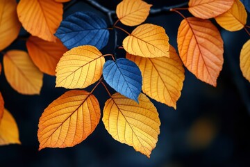 Obraz premium Golden and Blue Autumn Leaves on a Branch