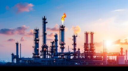 Dramatic industrial landscape featuring an oil refinery or petrochemical plant with tall towers and gas flaring silhouetted against a dramatic sky at sunset or twilight