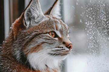 Obraz premium Close-up of a Lynx's Face Gazing through a Rain-Covered Window