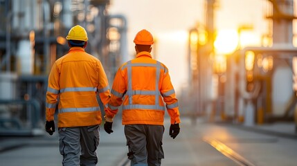 Workers in safety uniforms and hardhats conducting routine inspections and safety checks on a network of gas pipelines running through a large industrial refinery complex